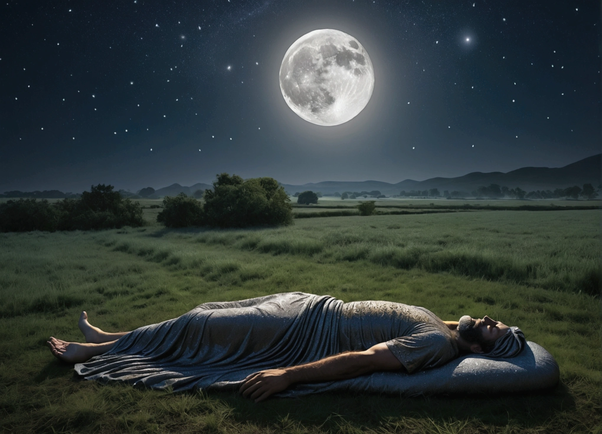 A night scene of Nebuchadnezzar sleeping in the open field, covered in dew, with the moon and stars illuminating the landscape in the background.