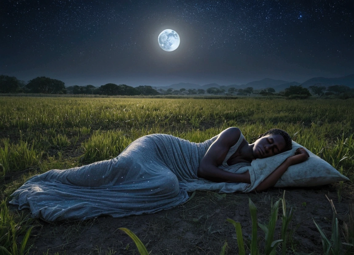 A night scene of Nebuchadnezzar sleeping in the open field, covered in dew, with the moon and stars illuminating the landscape in the background.