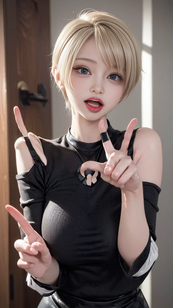 (Mega boobs:1.3), (((Safe and secure、CERO A、All ages、safety sensor、Absolutely safe、sfw:1.5, safety)))、
1 girl、alone、masterpiece,highest quality,High resolution,Very detailed, skinny,Black choker,Earrings,Big cleavage、Off-the-shoulder tight sweater dress,
Cute pose、(((Open your mouth))), Heavy breathing , (Ahegao:1.5),
Blonde pixie short hair、
(Accurate 5-finger:1.8), Accurate human body、Perfect human body、((Captivating smile ))、
Entrance、indoor、open the door、Detailed Background、(Lazy pose:1.5)