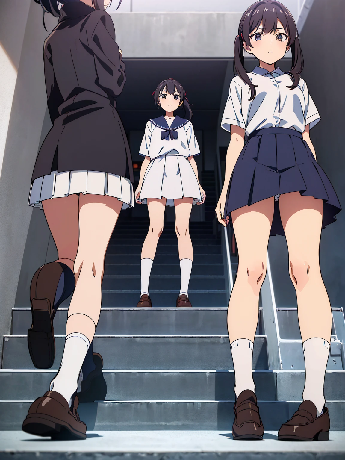 ((Highest quality, 8k, RAW Photos)), Sharp Focus 1.5,((Gal High School Girl3people々were lined up))Twin tails,ponytail,Shortcuts,Rear View((When you go down the stairs at the station))((パンツ 3people)),(((Low Angle,Sailor suit,mini skirt)))(((loose socks,loafers)))((From below))((Summer Shirts))風にスカートがめくれ上がった3people((You can see the bra through the gap in the back of the shirt.))