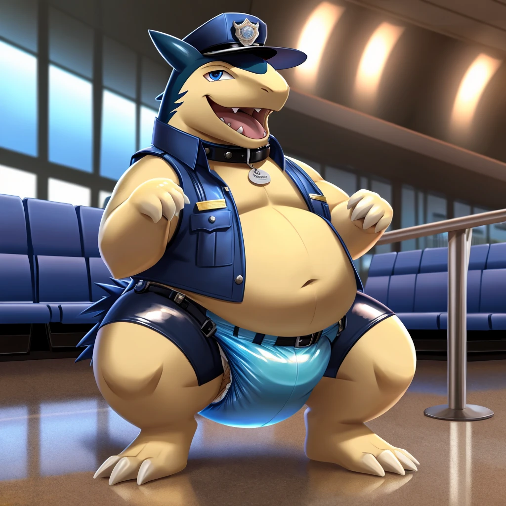 Solo, Male, fat, squatting, extremely obese, gentleman, dapper Typhlosion, pooping in diaper, blue eyes, (soft shading), 4k, hi res, ((detailed face, detailed)), looking at viewer, evil grin, Airport, TSA, TSA Uniform, collared shirt with buttons, hat, male focus, Police Uniform, glasses, monocle, vest with buttons, sleeves rolled up, round eyewear, headwear, vest, Typhlosion is wearing a glossy leather dog collar around the neck, Typhlosion is wearing the leather collar and shirt and vest at the same time, Typhlosion is wearing glossy light-blue rubber gloves on the hands, wearing light-blue rubber gloves on the feet, gloves are rubber in texture, mouth wide open, evil laugh, clenching fists, leather collar is glossy and shiny with a lot of detail, Typhlosion is wearing gloves and leather collar at the same time, leather collar has a round dog-tag, leather collar is thick and detailed, light-blue rubber gloves on the feet, Typhlosion is wearing gloves and leather collar at the same time, leather collar has a round dog-tag, leather collar is thick and detailed, leather collar is glossy and shiny, fancy clothing, dapper vest, dapper shirt, leather collar is thick, glossy leather collar, Typhlosion is wearing a dirty diaper