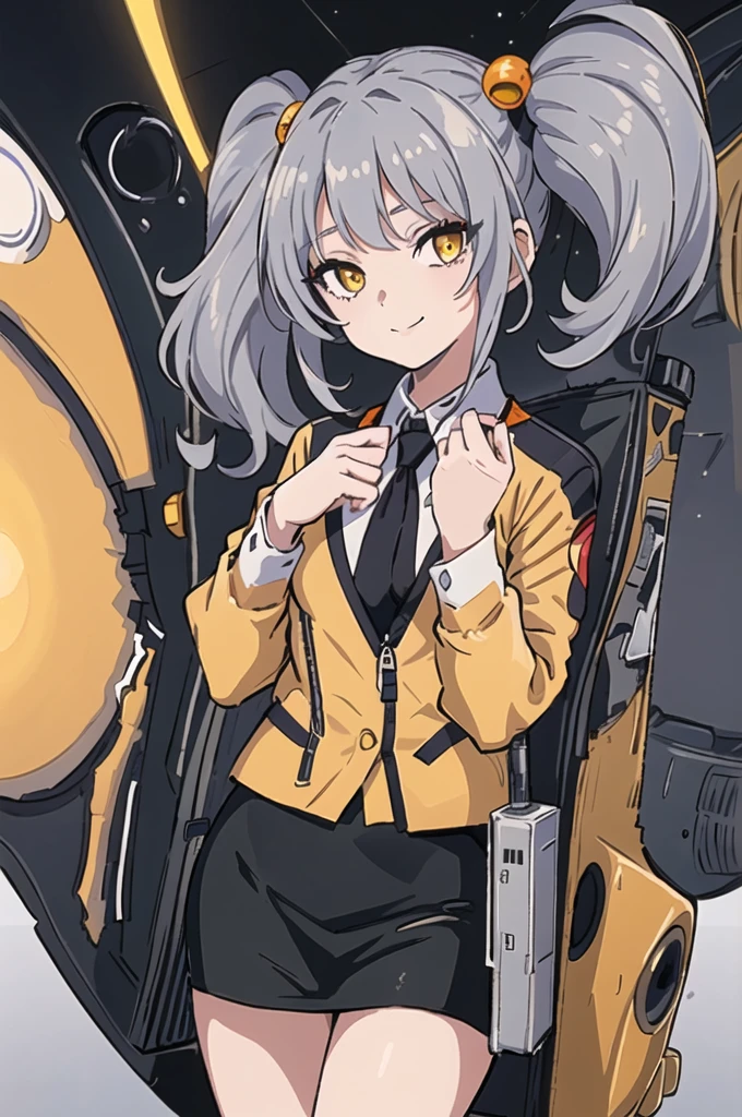 (masterpiece, Highest quality;1.3), Super detailed, View your viewers,One girl, alone, A small smile,
 It is, Grey Hair,  yellow_eye, break,
Orange jacket, White collared shirt, Black tie, Parted bangs, Small breasts,Twin tails,Hair ties, black short pencil skirt,
From above, Space Background,