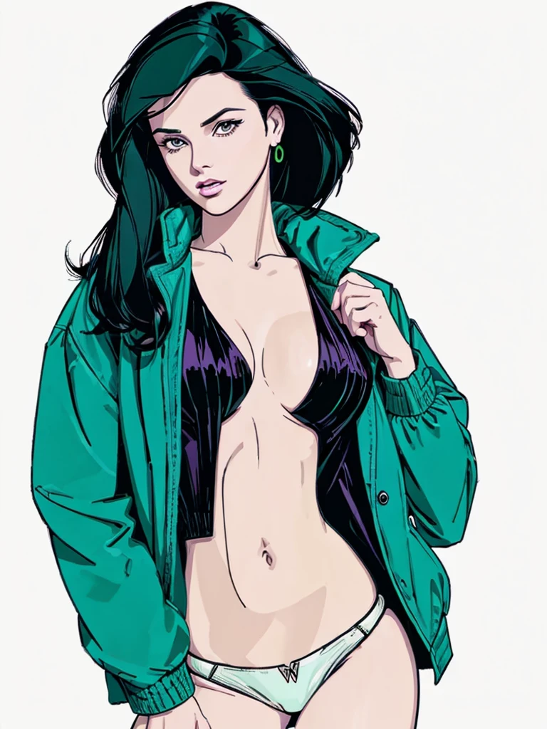 score_9, score_8, score_7,A stunning illustration ((Patrick Nagel Style)) dark-haired goddess, dressed in 1980s womens fashion, open jacket, open shirt green, a beauty pinup art style, graphic design, flat colours, white skin no shadows, 2 or 3 colour purple palette, background 1 flat colour. Portrait Style.