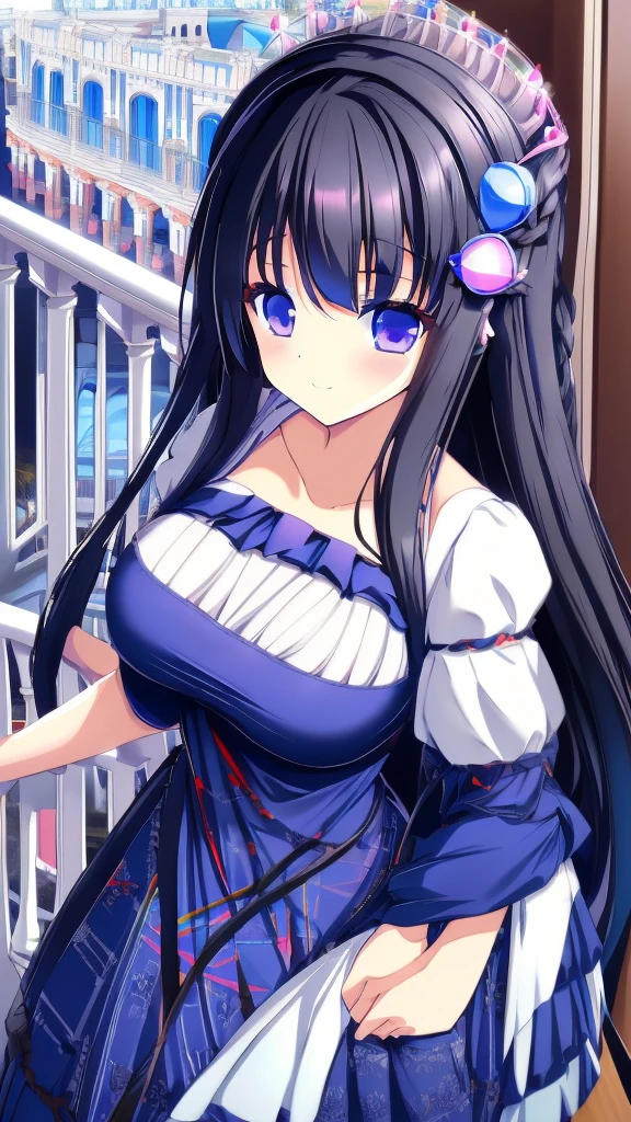 best quality, extremely detailed,anime style girl,long hair down to the waist, straight hair, ((dark black hair with bluish)),braid,beautiful detailed eyes, pinched eyes, (dark blue eyes),huge breasts,curvy,((((western cutie brightly colored princess dress)))),clothing with complex patterns,hair ornament,smile,((((balcony)))),((pov))