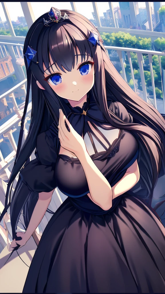 best quality, extremely detailed,anime style girl,long hair down to the waist, straight hair, ((dark black hair with bluish)),braid,beautiful detailed eyes, pinched eyes, (dark blue eyes),huge breasts,curvy,((((western cutie brightly colored princess dress)))),clothing with complex patterns,hair ornament,smile,((((balcony)))),((pov))