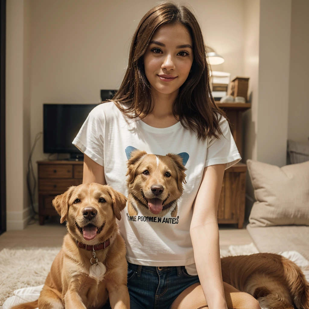 Create a unique t-shirt design featuring a photorealistic Golden Retriever as the central image. The dog should be portrayed in a playful, friendly pose, capturing the breed's characteristic happy and gentle expression. Above the Golden Retriever image, add stylized text that reads 'Golden Hearts' in a fun, eye-catching font. The text should arc slightly to follow the curve of the t-shirt neckline. Use a color palette that complements the Golden Retriever's coat, such as warm golds, rich browns, and soft creams. The overall design should have a modern, slightly vintage feel, appealing to dog lovers and fashion-conscious individuals alike. Ensure the design is suitable for printing on a light-colored t-shirt