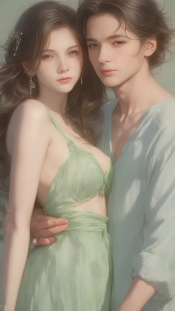 High-quality image of a couple: a blond men (tall, statuesque, handsome, courageous young man with blue eyes, curly golden hair, dressed in a gray antique military uniform) he hugs a woman with a black hair (a fantastically beautiful young femme fatale with long straight black hair, long bangs, she has blackberry eyes, she is a princess, on she has a romantic dress and a tiara). They are in love with each other. The sketches of the "Ideal Anatomy" made by Boris Vallejo are characterized by a high degree of detail. Masterpiece, detailed study of the face, beautiful face, beautiful facial features, perfect image, realistic shots, detailed study of faces, full-length image, 8k, detailed image, extremely detailed illustration, a real masterpiece of the highest quality, with careful drawing.
Watercolor