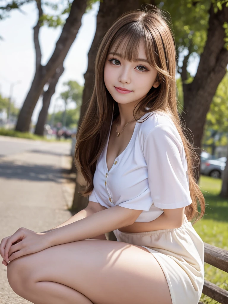 Highest quality, masterpiece, High resolution, original, One Girl, Light honey-colored straight hair with outward curls, The most beautiful 15 year old girl in the world, Young body shape, childish expression, Beautiful light brown eyes, Big double eyelid eyes, Glossy Lips, Round face, eyeliner, , Please tilt your head a little, shirt, button３out of place, Peeking into the chest, The chest is exposed, Small breasts, Small breasts, In an empty park, Cute light blue mini skirt, You can see her white panties, A glimpse of white panties, Squatting in pumps, Snow-white skin, Glowing Skin and Bright Cheeks, Small breasts, A shy smile, Beautiful thighs, Low Angle, Accentuate your thighs, Thighs become dew, 