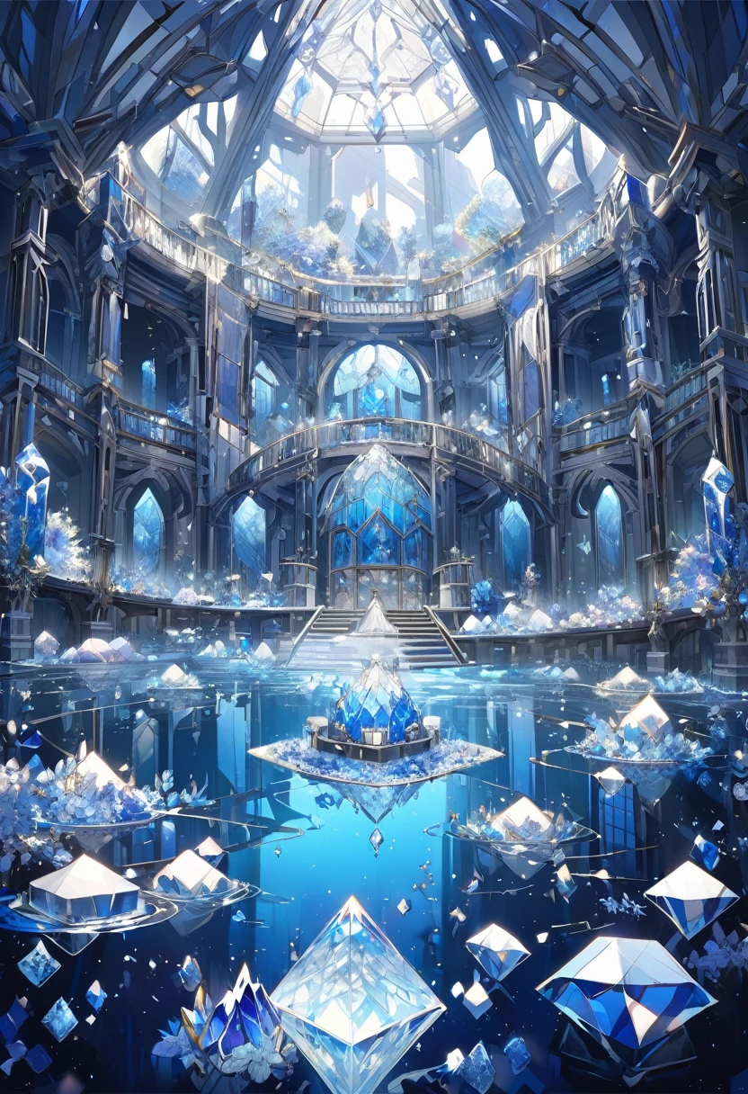 Big house in the middle of on a lake with made out of all glass and crystals and blue diamonds everywhere