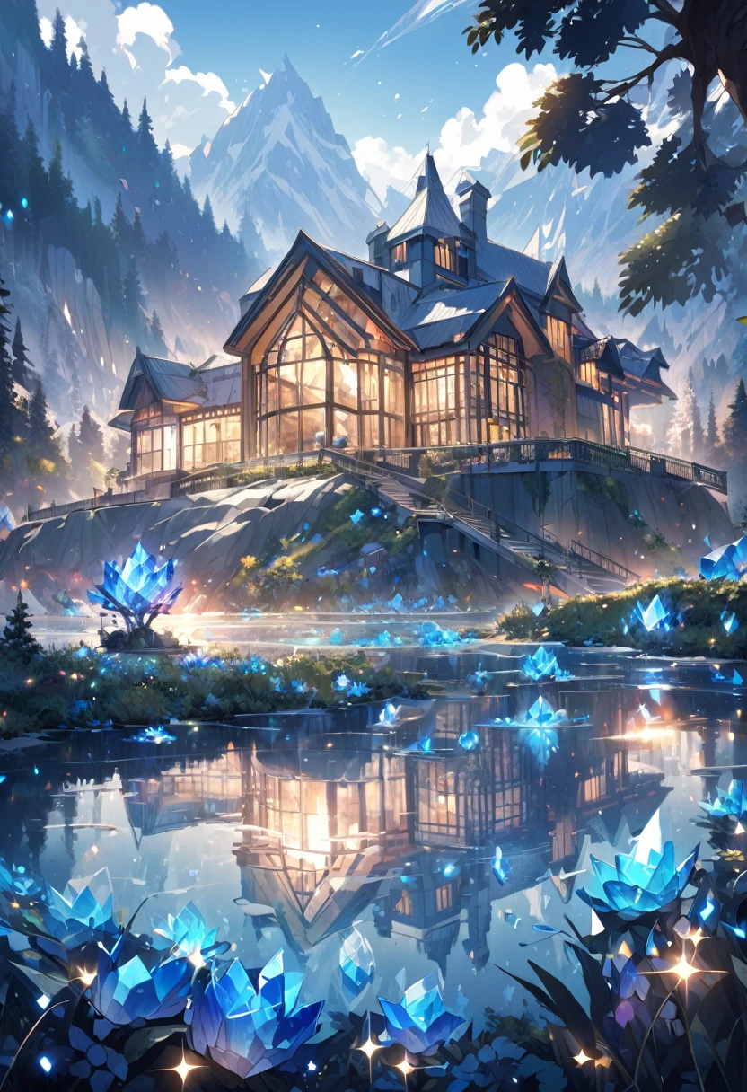 Big house in the middle of on a lake with made out of all glass and crystals and blue diamonds everywhere