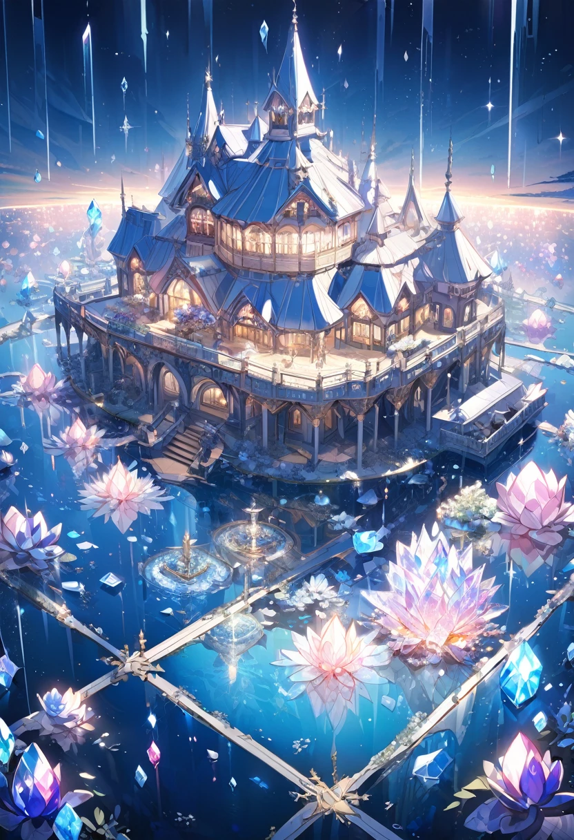 Big house in the middle of on a lake with made out of all glass and crystals and blue diamonds everywhere