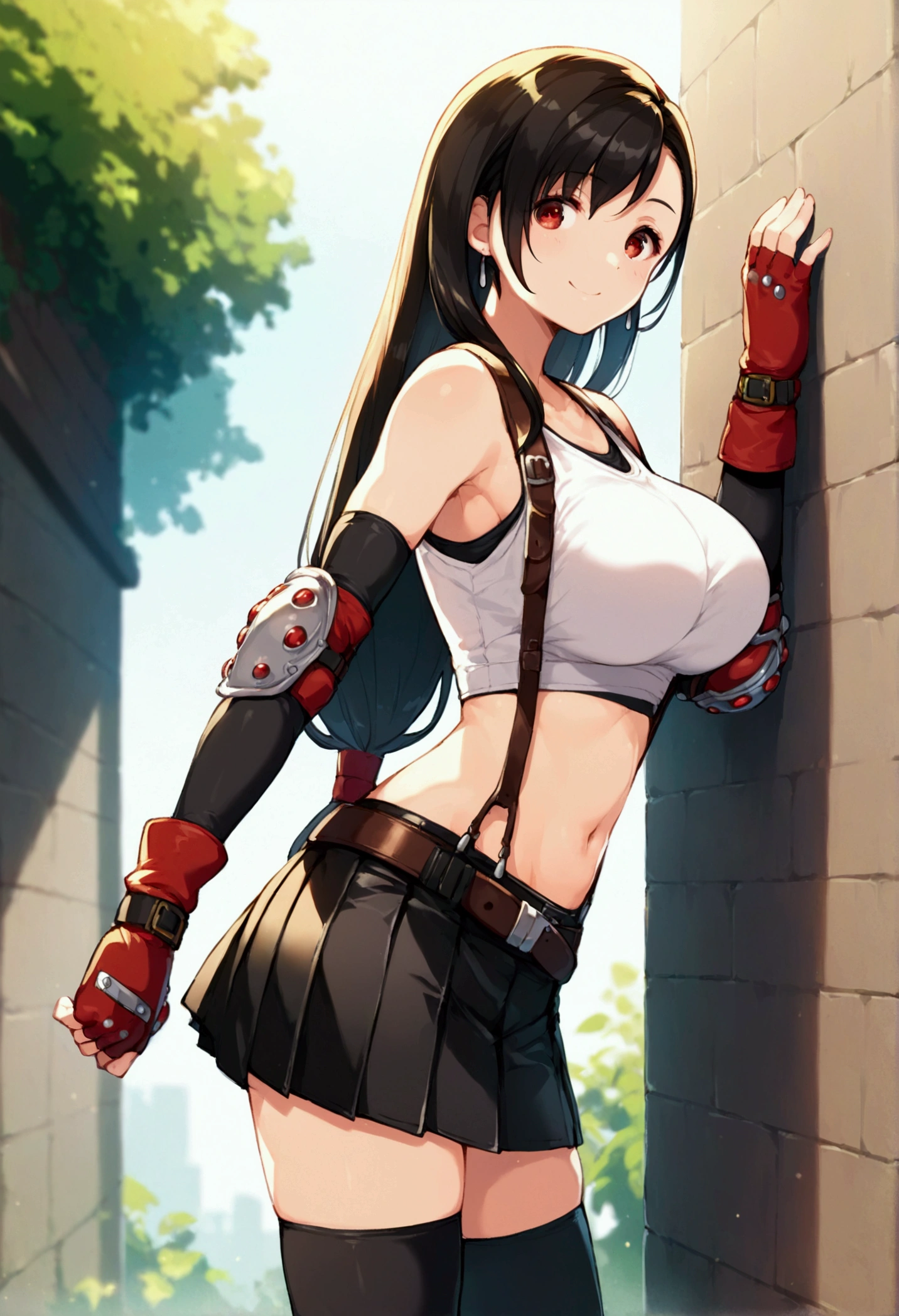 (score_9, score_8_up, score_7_up),,BREAK , ,dynamicangle,,breast side view,,standing,leaning on wall. upperbody,,Solo ,1girl, tifa lockhart, final fantasy, tareme,black hair, low-tied long hair, red eyes, bangs, (white tank top, belt, pleated skirt, thighhighs, elbow fingerless gloves, elbow pads, midriff, navel,suspender skirt) ,(large_breast),(light smile),daytime,outdoor,(ultra detailed),(best quality),(aesthetic,very aesthetic),UHD,extremely detailed CG unity 8k wallpaper,depth of field,,,detailed face and eyes