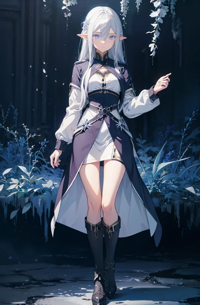 1 girl, silver hair, high elf,blue eyes, ice witch, cold, Ice fragments,Snowflake hair ornament,wallpaper, high contrast, colorful, anime style,whole body,light gray coat