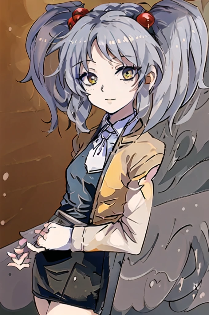 (masterpiece, Highest quality;1.3), Super detailed, View your viewers,One girl, alone, A small smile,
 It is, Grey Hair,  yellow_eye, break,
Orange jacket, White collared shirt, Black tie, Parted bangs, Small breasts,Twin tails,Hair ties, black short pencil skirt,
From above, Space Background,