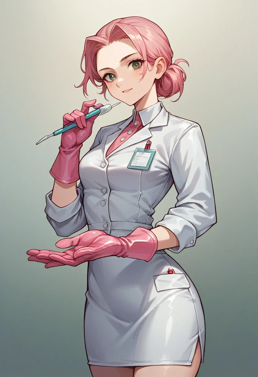 1girl, ((pink gloves)), ((surgical gloves)), ((latex gloves)), ((long sleeves)) ((white surgeon outfit)), looking at viewer, ((doctor outfit)), standing, solo