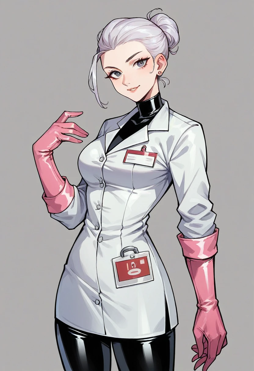 1girl, ((pink gloves)), ((surgical gloves)), ((latex gloves)), ((long sleeves)) ((white surgeon outfit)), looking at viewer, ((doctor outfit)), standing, solo
