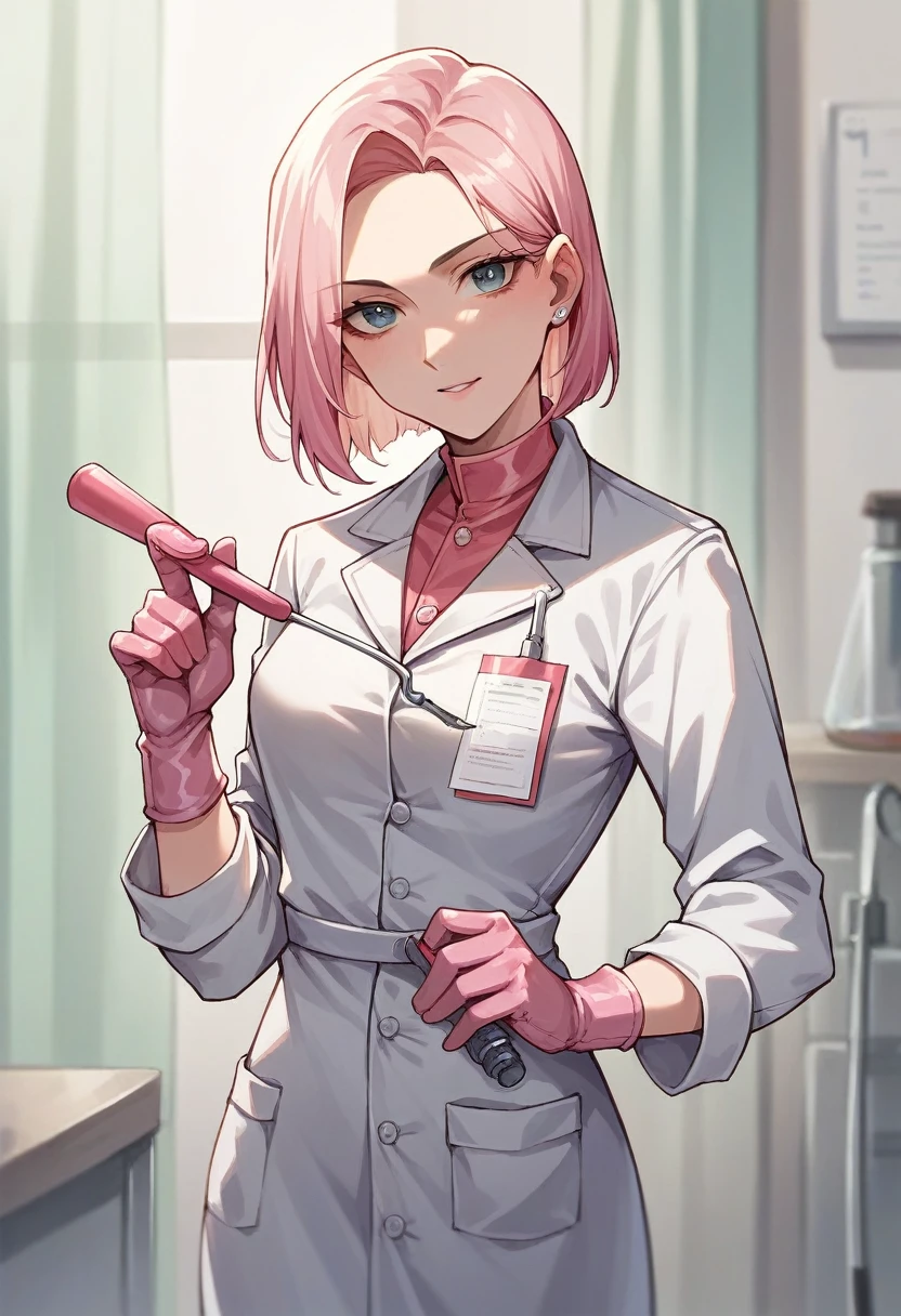 1girl, ((pink gloves)), ((surgical gloves)), ((latex gloves)), ((long sleeves)) ((white surgeon outfit)), looking at viewer, ((doctor outfit)), standing, solo