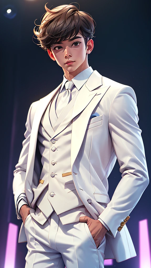 (Masterpiece), (Best Quality), (ultra detailed),boy at an event in an elegant white suit 