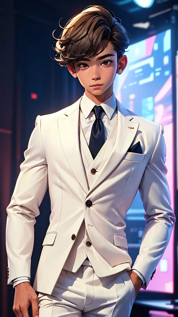 (Masterpiece), (Best Quality), (ultra detailed),boy at an event in an elegant white suit