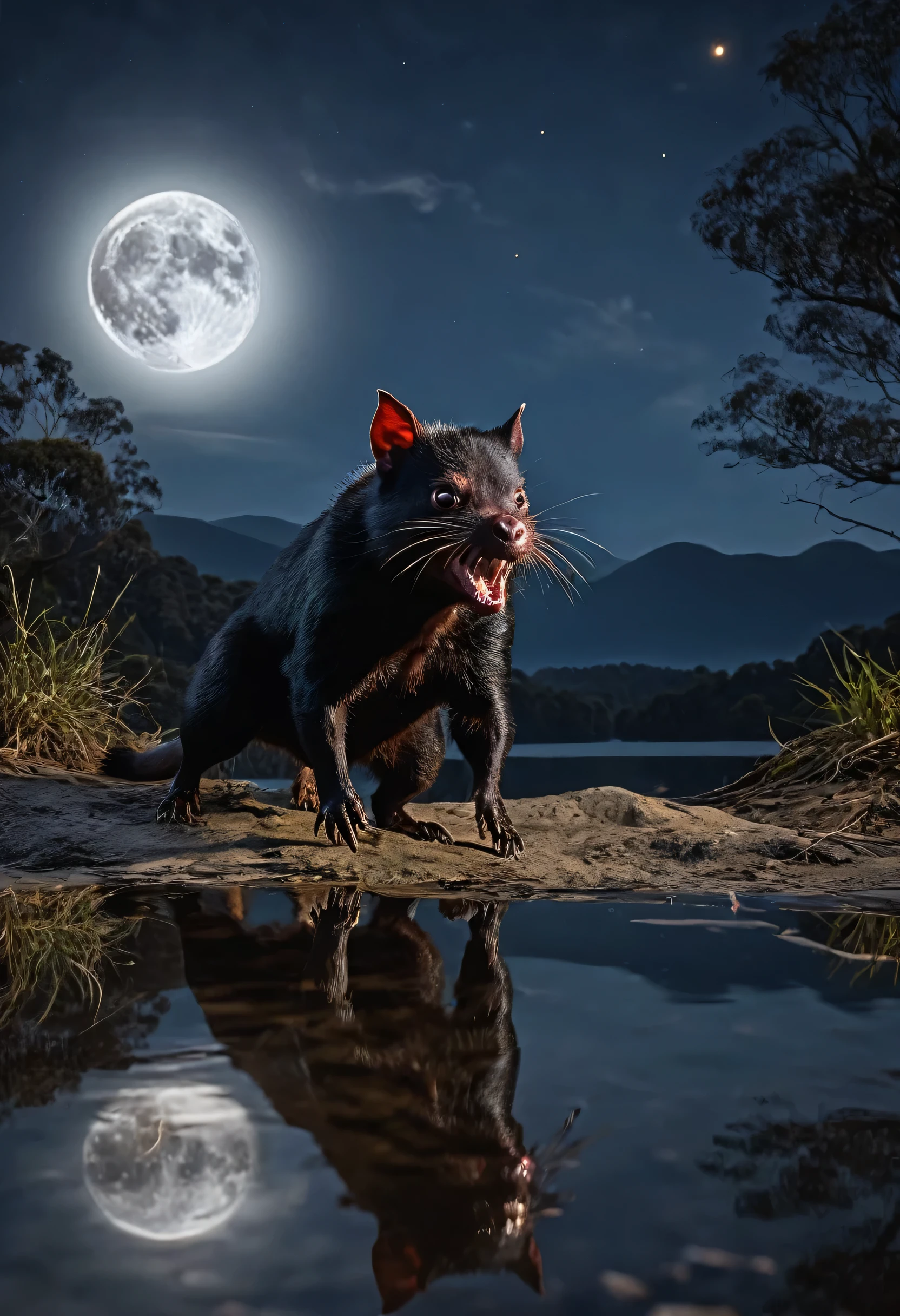 Tasmanian Devil, in attack position, forst, darkly, scared animals, fullmoon, lake reflecting the moon, 8k, 4D