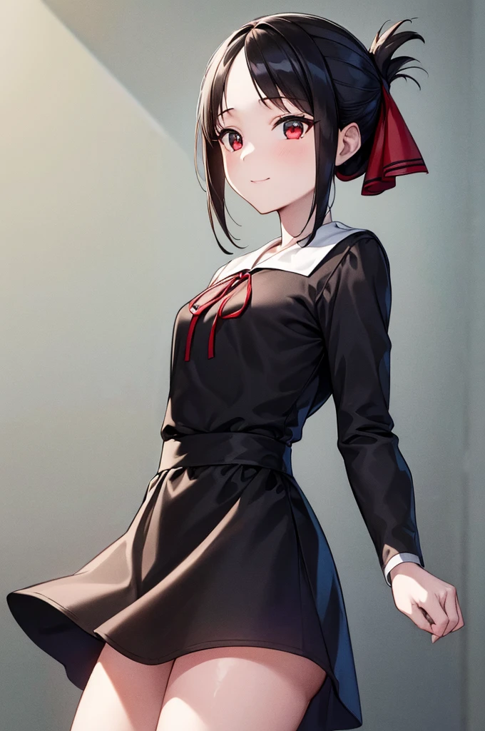 (masterpiece, best quality:1.2), expressive eyes, perfect face, highres,1girl, solo, aakaguya, short hair, folded ponytail, hair ribbon, parted bangs, neck ribbon, red ribbon, black dress, black shirt, long sleeves, black sleeves, schoolyard background, smiling, standing, cowboy shot, looking at the viewer