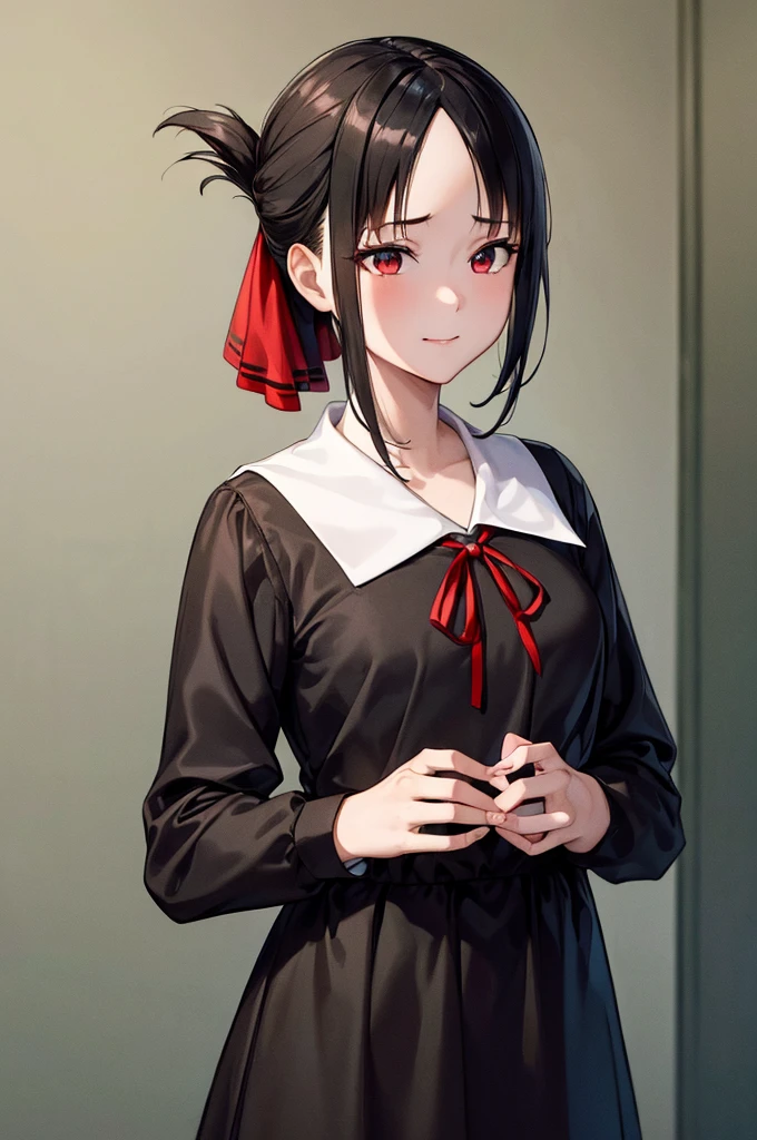 (masterpiece, best quality:1.2), expressive eyes, perfect face, highres,1girl, solo, aakaguya, short hair, folded ponytail, hair ribbon, parted bangs, neck ribbon, red ribbon, black dress, black shirt, long sleeves, black sleeves, schoolyard background, smiling, standing, cowboy shot, looking at the viewer