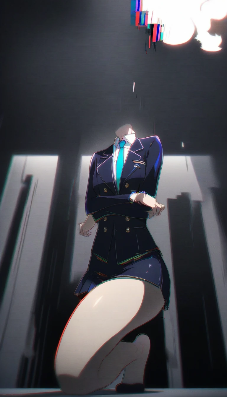 disembodied head,headless,((masterpiece), (best quality), Exceptional detail,flat anime,2d,solo,1girl,head on hips,serious,looking up, skirt suit, (((three-piece suit))), (((dress shirt))), (((necktie))), (((blazer))), (((suit jacket))), ((waistcoat)), double-breasted waistcoat, (((bodycon miniskirt))), stockings, pocket square, cufflinks, ,[standing:5],(kneeling one leg up),(leaning forward:0.8),crossed arms,elbow on hip,from below,smoke,dramatic lighting,hlpr,(glitch noise:1.2),chromatic aberration