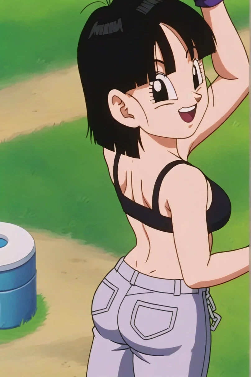 fountain_cheered up, score_9, score_8_above, score_7_above, cheered up screencap,8k, absurd resolution,
Pan \(Dragon Ball\), 1 girl, Alone, SMILE, Open mouth, hits, happy, Grass, black fur, Field, clavicle, aboveper body, :d, teeth, blunt hits, outdoor, black eyes, arm above, eyelashes, aboveper teeth only, happy, in front of the viewer, close-above, retro artStyle, , 1990s \(Style\), language, arched eyebrows, arms above, short hair, showing buttocks, 2nalgas, perfect anatomy, medium breasts, medium rear, big sexy ass, hips, detailed vagina, sexy bikini, nose