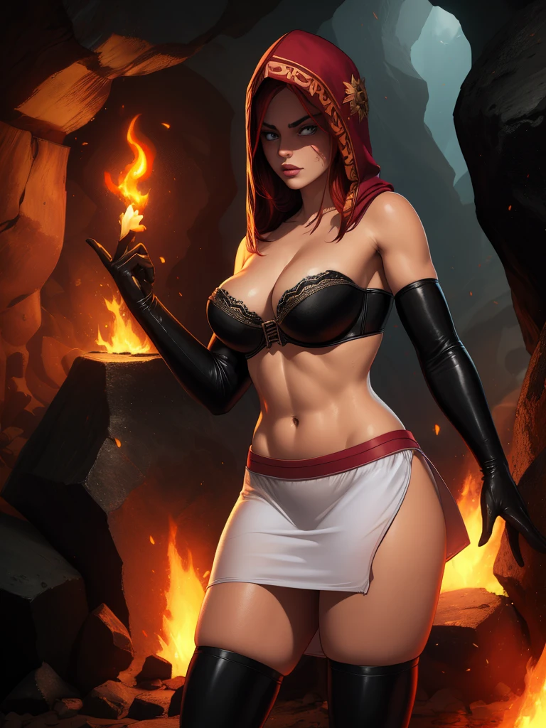 Dsorceress, redhair, shadowy face,dark cave, fire, hood, shadowed face, strapless bra, slim and athletic body, miniskirt, no panty, elbow gloves, dark skin, 1 girl (insanely detailed, masterpiece, best quality)
