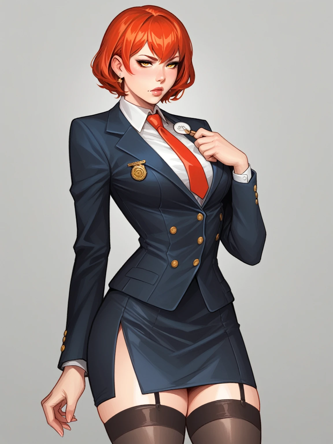 score_9, score_8_up, score_8, rating_safe, traditional art, 1 girl, thick thighs, wide hips, adamhughesstyle, minkostyle,skirt suit, (((three-piece suit))), (((dress shirt))), (((necktie))), (((blazer))), (((suit jacket))), ((waistcoat)), double-breasted waistcoat, (((bodycon miniskirt))), stockings, pocket square, cufflinks, 