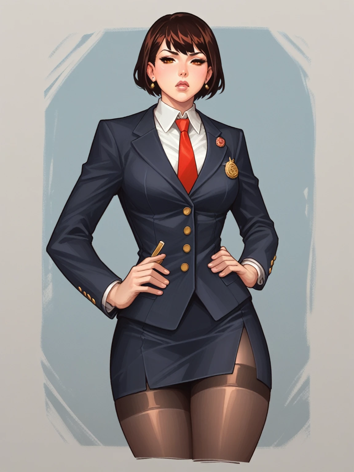 score_9, score_8_up, score_8, rating_safe, traditional art, 1 girl, thick thighs, wide hips, adamhughesstyle, minkostyle,skirt suit, (((three-piece suit))), (((dress shirt))), (((necktie))), (((blazer))), (((suit jacket))), ((waistcoat)), double-breasted waistcoat, (((bodycon miniskirt))), stockings, pocket square, cufflinks, 