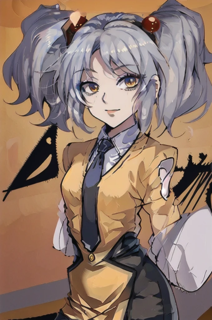 (masterpiece, Highest quality;1.3), Super detailed, View your viewers,One girl, alone, A small smile,
 It is, Grey Hair,  yellow_eye, break,
Orange jacket, White collared shirt, Black tie, Parted bangs, Small breasts,Twin tails,Hair ties, black short pencil skirt,
From above, Space Background,