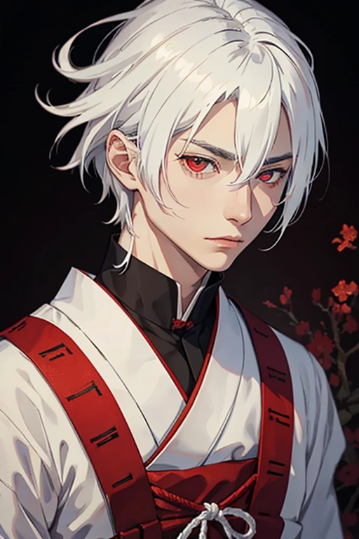 a young man with medium white hair with a penetrating gaze and red eyes wearing traditional Japanese clothing and with his androgynous physical details