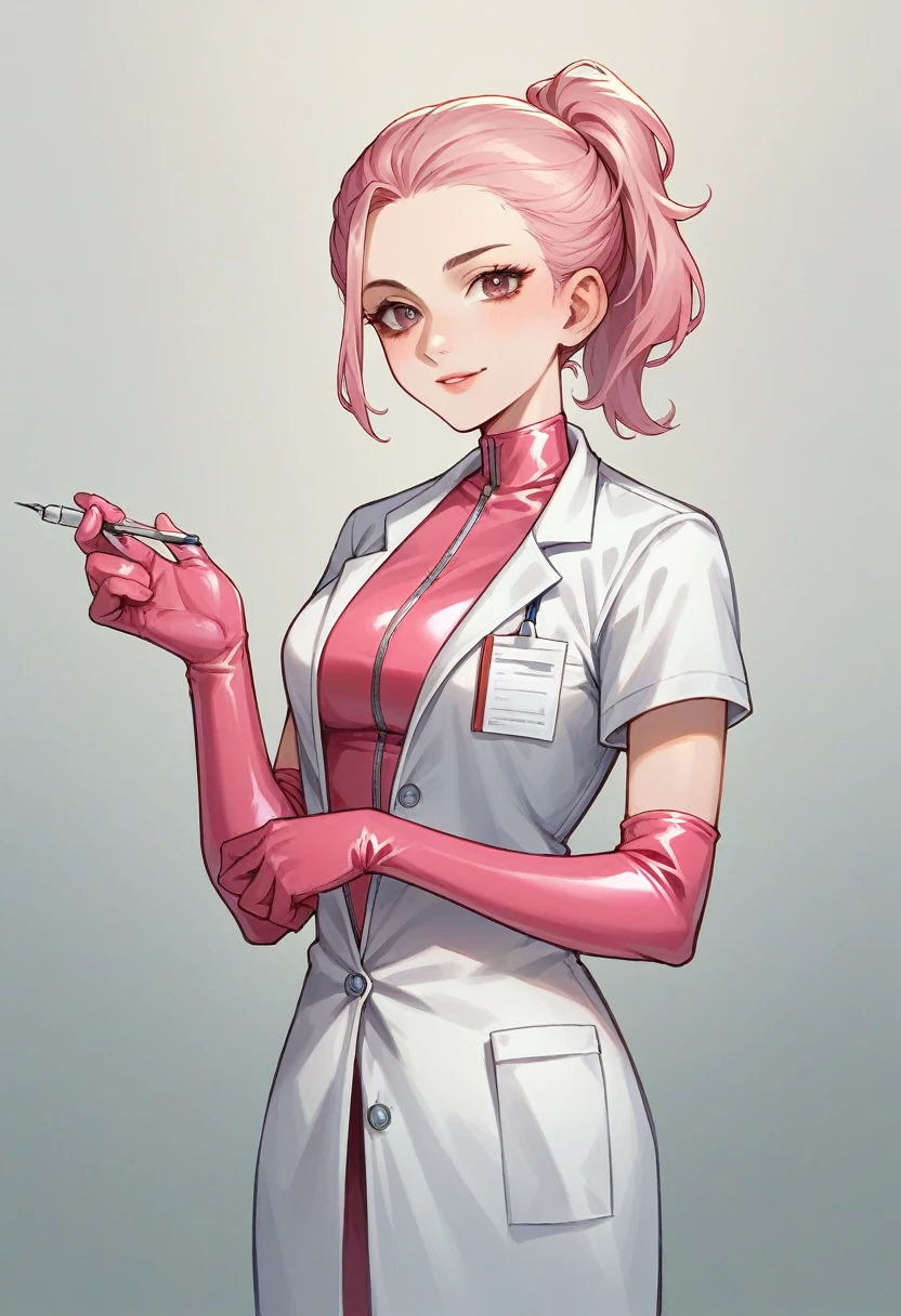 1girl, ((pink elbow gloves)), ((surgical gloves)), ((latex gloves)), ((long sleeves)) ((white surgeon outfit)), looking at viewer, ((doctor outfit)), standing, solo