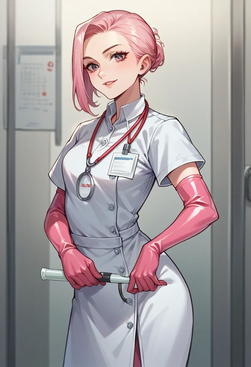 1girl, ((pink elbow gloves)), ((surgical gloves)), ((latex gloves)), ((long sleeves)) ((white surgeon outfit)), looking at viewer, ((doctor outfit)), standing, solo