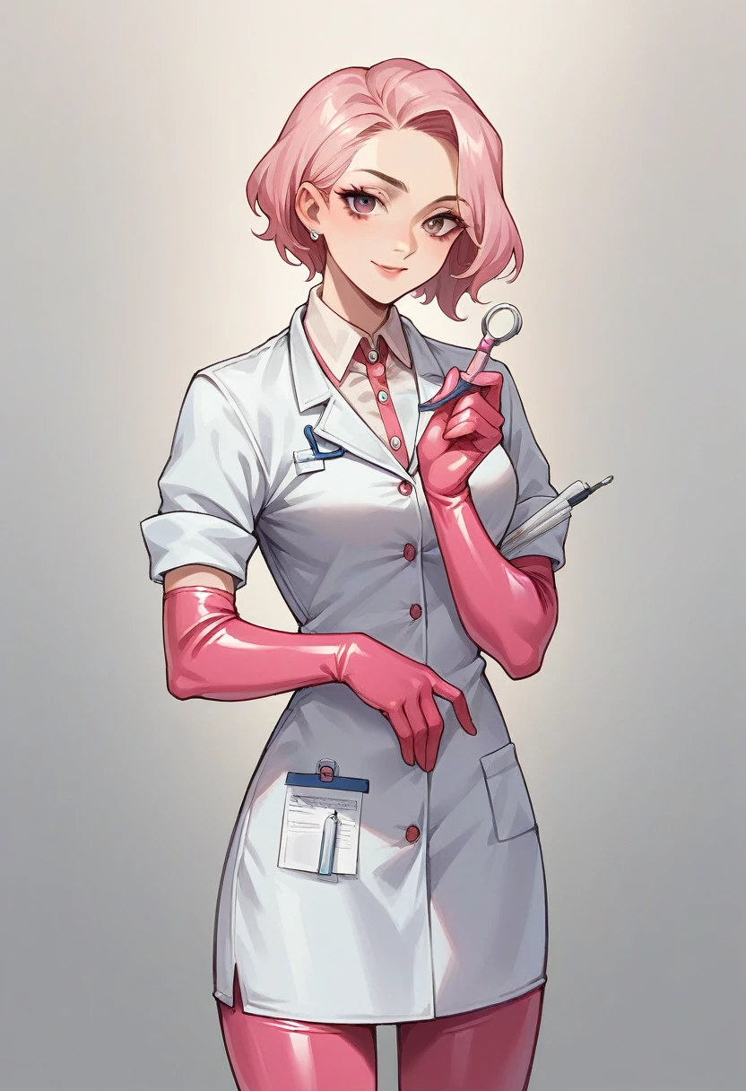 1girl, ((pink elbow gloves)), ((surgical gloves)), ((latex gloves)), ((long sleeves)) ((white surgeon outfit)), looking at viewer, ((doctor outfit)), standing, solo