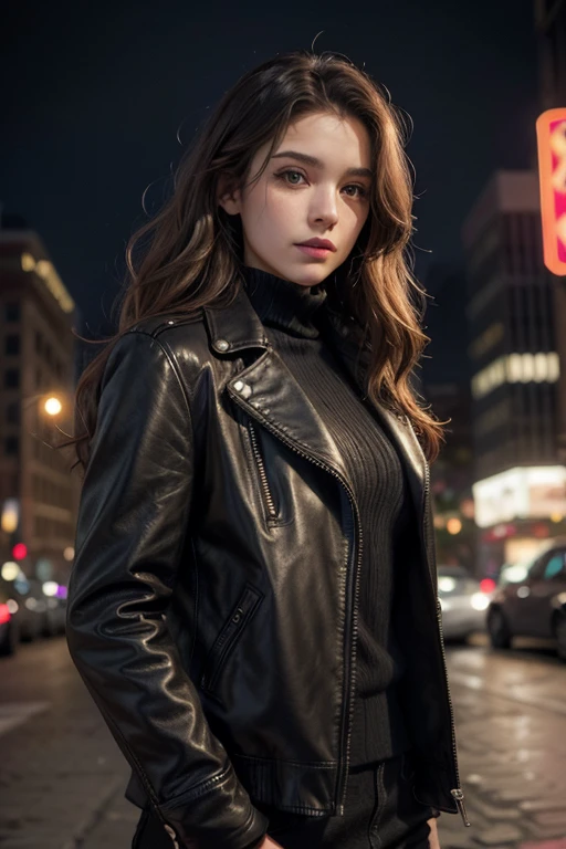 Create a realistic image of a woman, long brown wavy hair, black leather jacket in a winter in downtown NY
