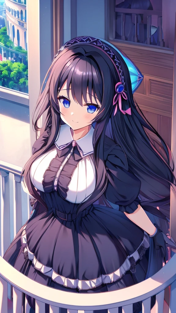 best quality, extremely detailed,anime style girl,long hair down to the waist, straight hair, ((dark black hair with bluish)),braid,beautiful detailed eyes, pinched eyes, (dark blue eyes),huge breasts,curvy,((((western cutie brightly colored princess dress)))),clothing with complex patterns,hair ornament,smile,((((balcony)))),((pov))