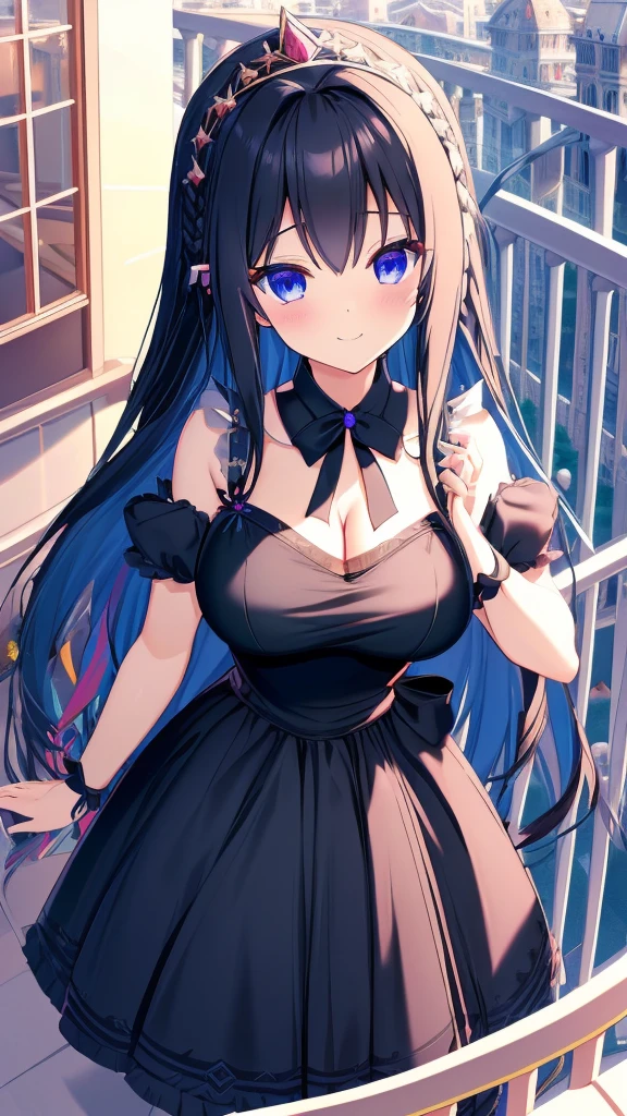 best quality, extremely detailed,anime style girl,long hair down to the waist, straight hair, ((dark black hair with bluish)),braid,beautiful detailed eyes, pinched eyes, (dark blue eyes),huge breasts,curvy,((((western cutie brightly colored princess dress)))),clothing with complex patterns,hair ornament,smile,((((balcony)))),((pov))