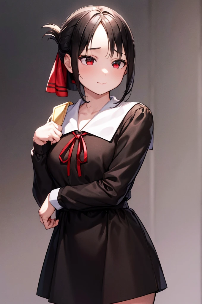 (masterpiece, best quality:1.2), expressive eyes, perfect face, highres,1girl, solo, aakaguya, short hair, folded ponytail, hair ribbon, parted bangs, neck ribbon, red ribbon, black dress, black shirt, long sleeves, black sleeves, schoolyard background, smiling, standing, cowboy shot, looking at the viewer