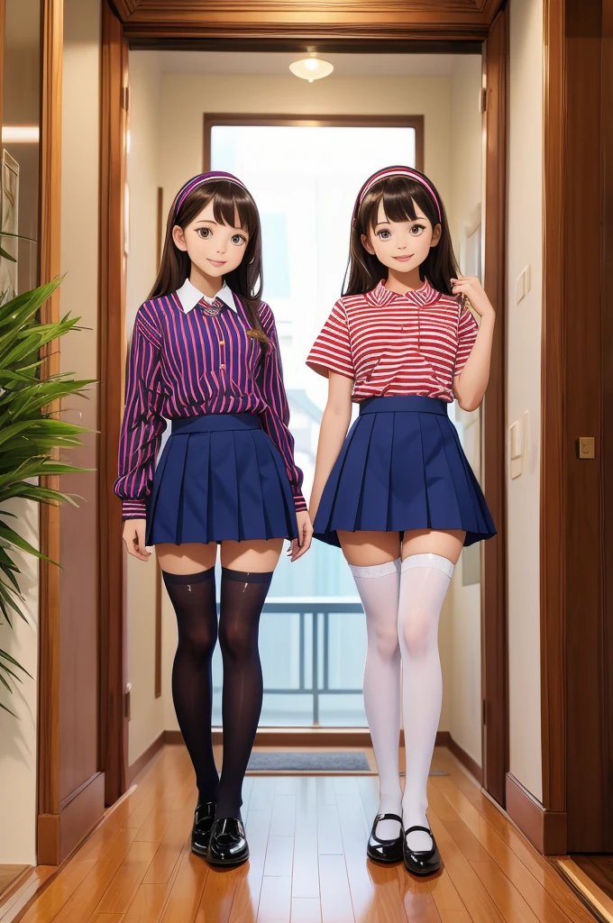 (masterpiece, best quality)(masterpiece, best quality), two girls, uniform, mini skirt, (striped stockings), half body 