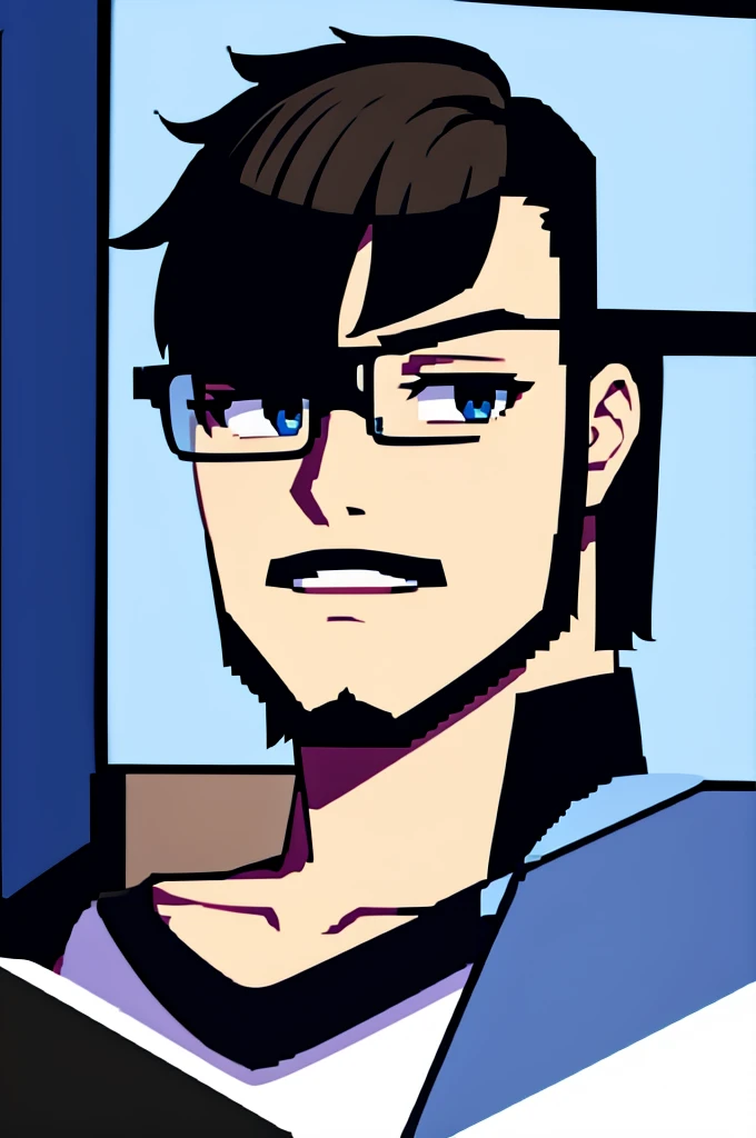 programmer with short beard, glasses, blackw, AND VERY SHORT HAIR, Using the computer