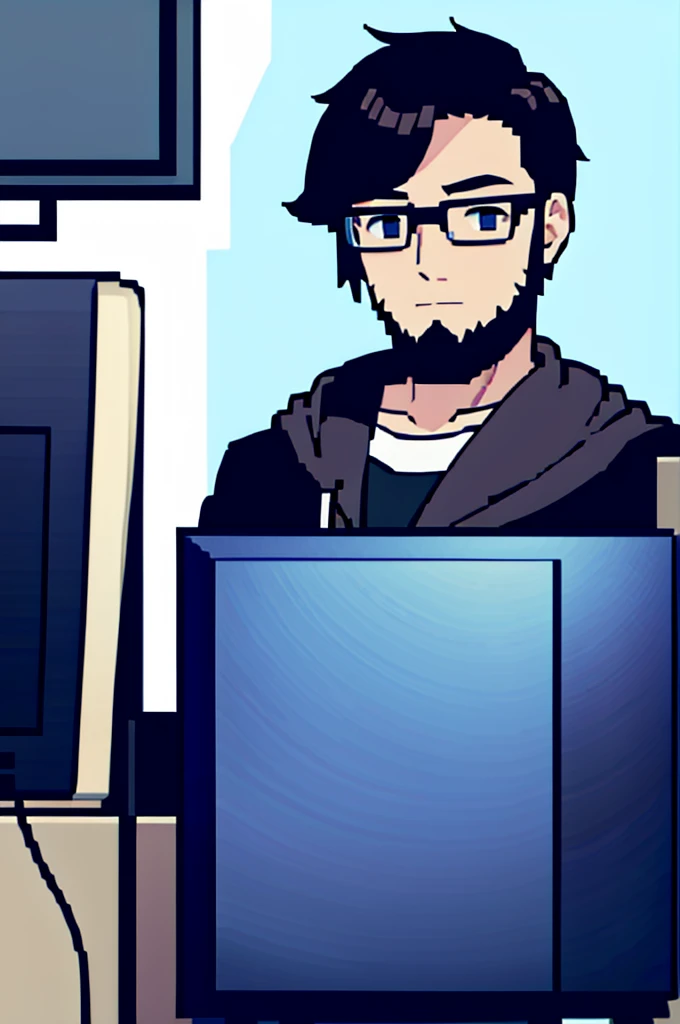 programmer with short beard, glasses, blackw, AND VERY SHORT HAIR, Using the computer