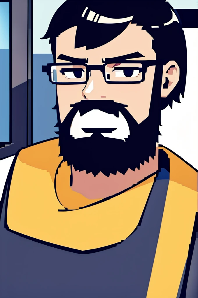 programmer with short beard, glasses, blackw, AND VERY SHORT HAIR, Using the computer
