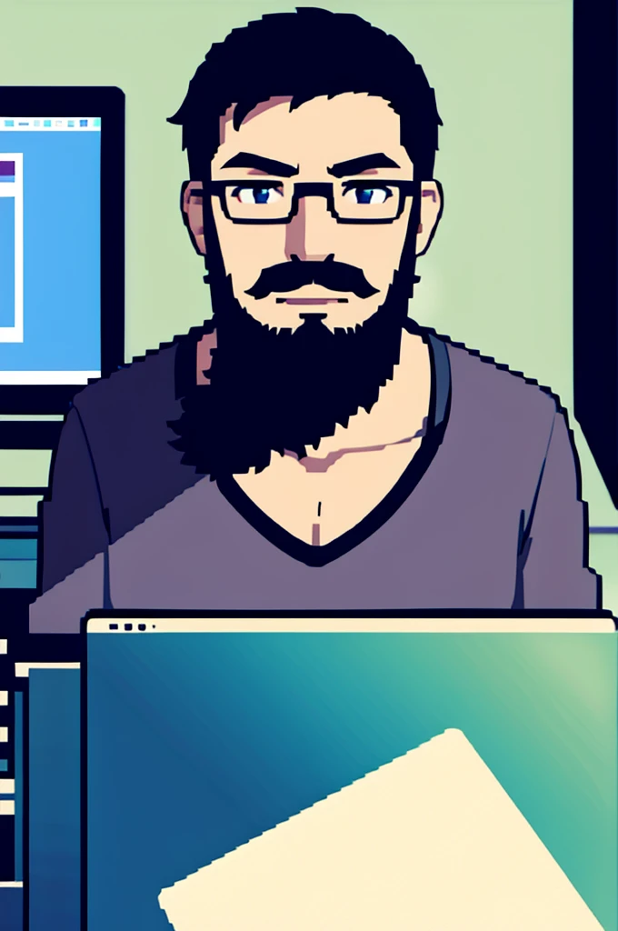 programmer with short beard, glasses, blackw, AND VERY SHORT HAIR, Using the computer