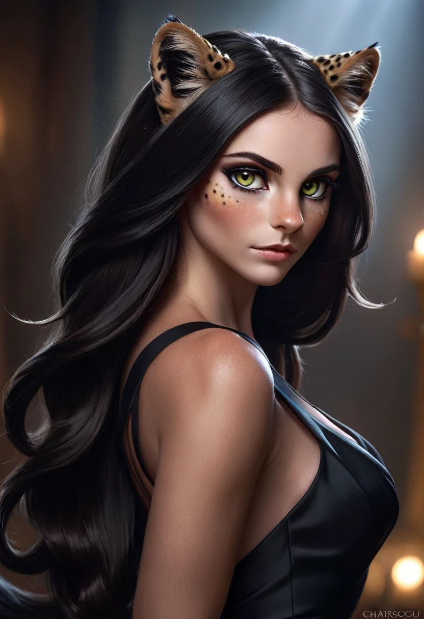 a beautiful woman with leopard ears, whisker pads, vertical slit-like pupils, long black straight hair, wearing a black dress, mythical creature, photorealistic, highly detailed, 8k, masterpiece, dramatic lighting, cinematic, elegant, feline, powerful, intense gaze, flawless skin, intricate details, dynamic pose, atmospheric, stunning colors, chiaroscuro