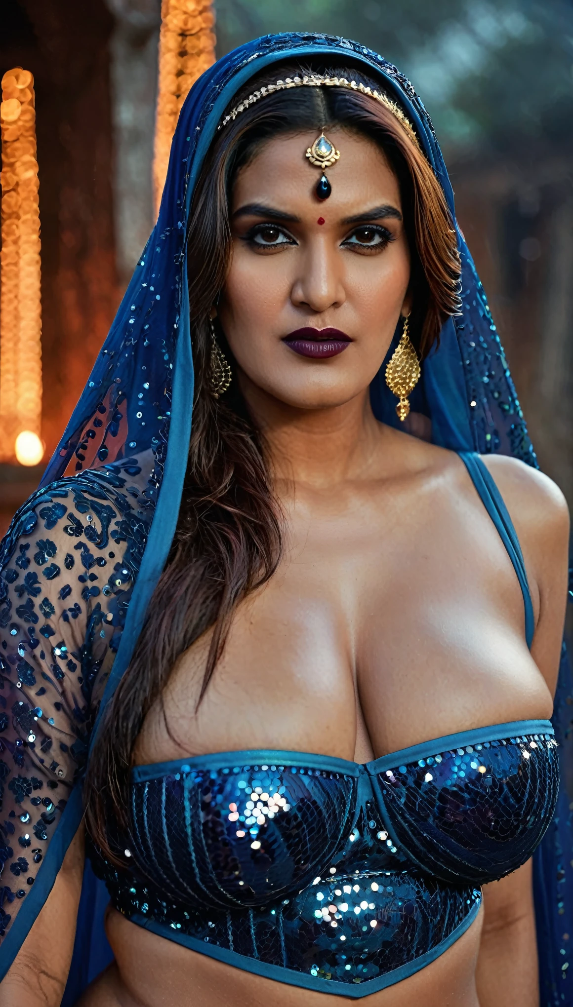 Looks like Kriti Sanon, full body Closeup shot, Big chubby aunty, milf, cougar lady witch, horny Gothic milf, 70 years old gorgeous mature lady, pervert demoness, demoness of lust, curvy, black lips, horny face, extremely gorgeous, thick figure, heavy physique, voluptuous, curvy, sexy figure, Fashionable portrait of androgynous alien looking witch wearing veil, glowing eyes, futuristic design, minimal details, givenchy, photoreal, 200mm, hd, f/ 2.0, highly detailed, surreal, sexy beautiful evil woman, sexy bold sequin Saree with strapless Bra, chudail, Pishachini, horror genre, blood-thirsty enchantress, powerful female spirit, eerie, drop dead, in the style of red and blue, (intricate details, hyperdetailed:1.15) (skin texture:1.2), dark Moody tone, cinematic lighting, haunted place in background, hot Amma, hot aunty, hot bhabi, hot Chachi, heavy figure, fleshy figure, heavy and saggy breast, spicy hot woman, evil goddess,