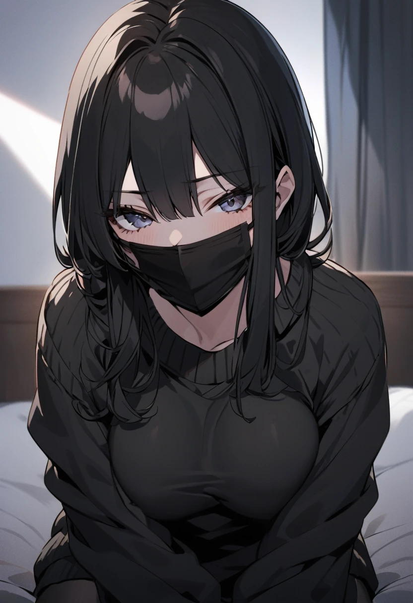 Long black hair, comftable black sweater, The G cup bust, black facemask in face, sitting on bed, staring at camera, 24 years old, sweater over her hands, soft breast, breast big enough to rest on