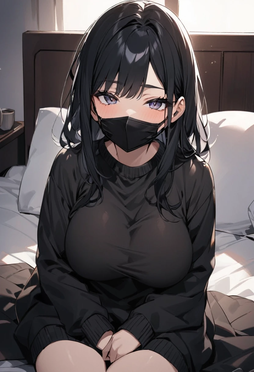 Long black hair, comftable black sweater, The G cup bust, black facemask in face, sitting on bed, staring at camera, 24 years old, sweater over her hands, soft breast, breast big enough to rest on