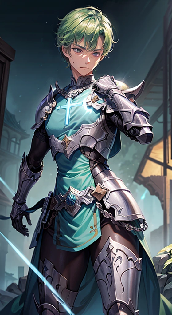 best quality, masterpiece, 1boy, 1man, human, paladin warrior, ([light blue color|deep green color:0.85] short hair), red eyes, (detailed face, detailed eyes), looking to camera, full body, upper body, light armor, illustration, temple background, vibrant colors, sharp focus, powerful presence, luminous lighting, mythical atmosphere, (cross-body stretch:1.5)